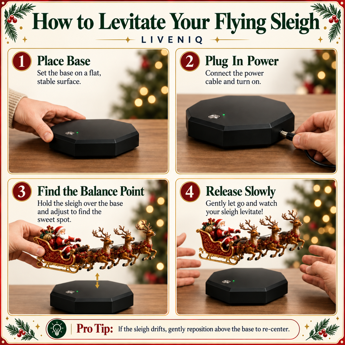 Four-step guide for setting up the Flying Sleigh magnetic levitation display