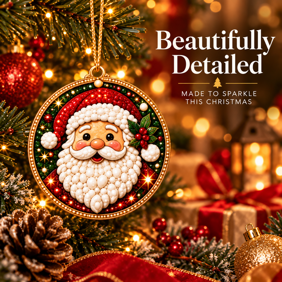 Close-up of finished pearl-style Christmas ornament details