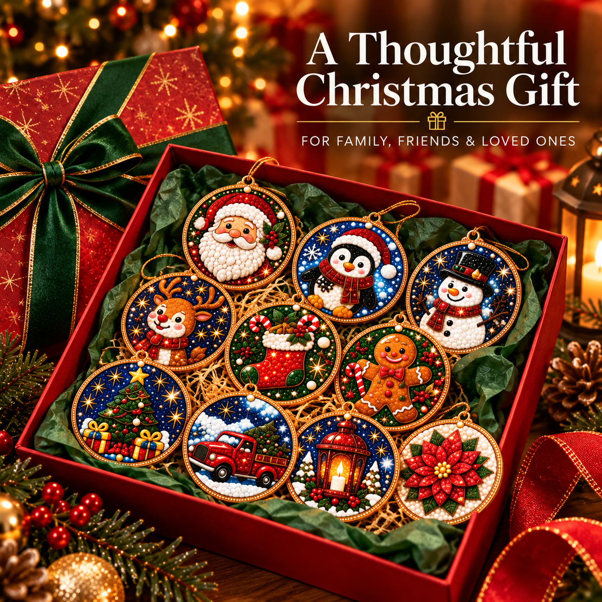 Ready-made Christmas ornaments styled as a festive gift