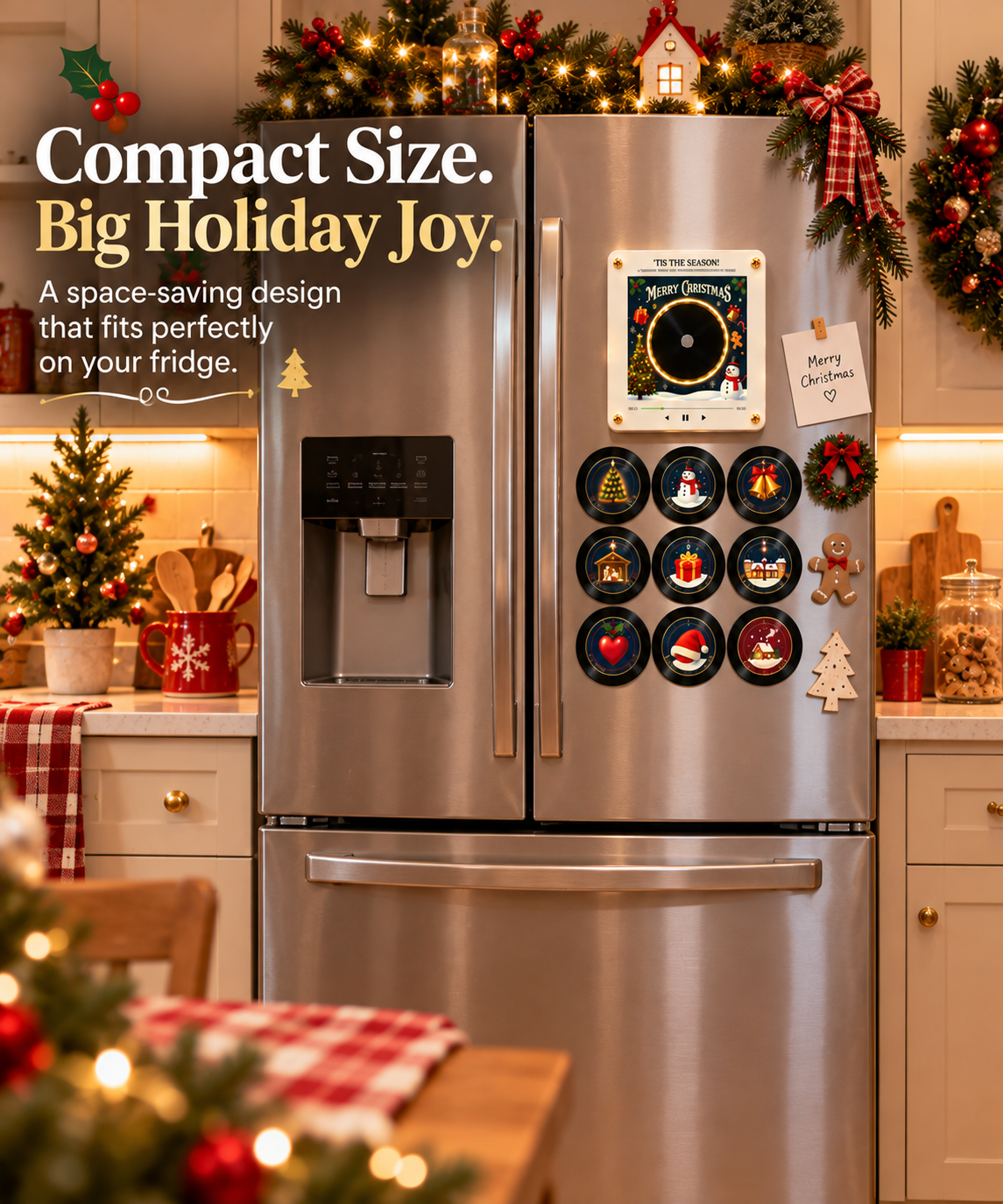 Compact Christmas NFC music player on a refrigerator