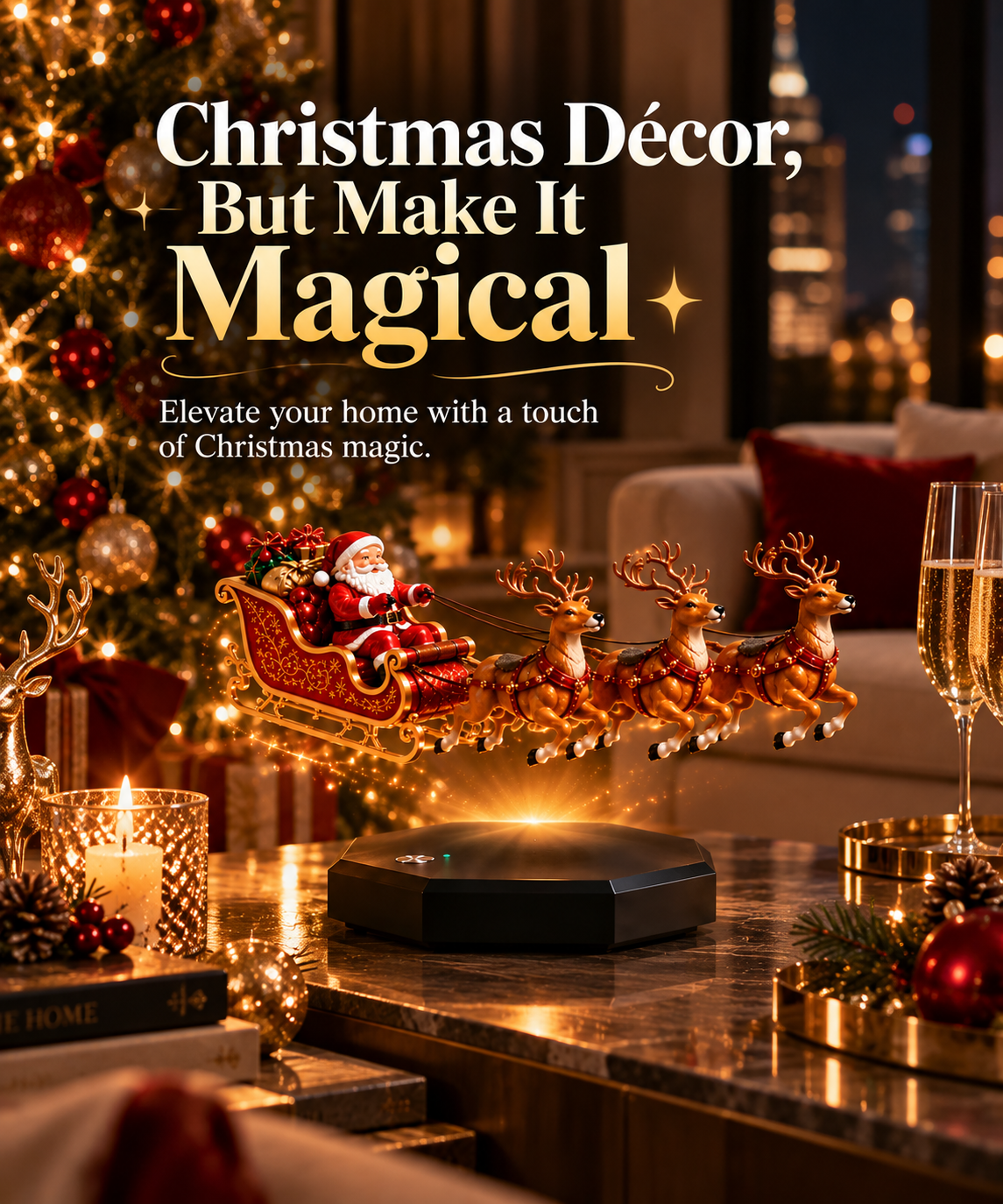 Santa’s flying sleigh styled in a festive living room