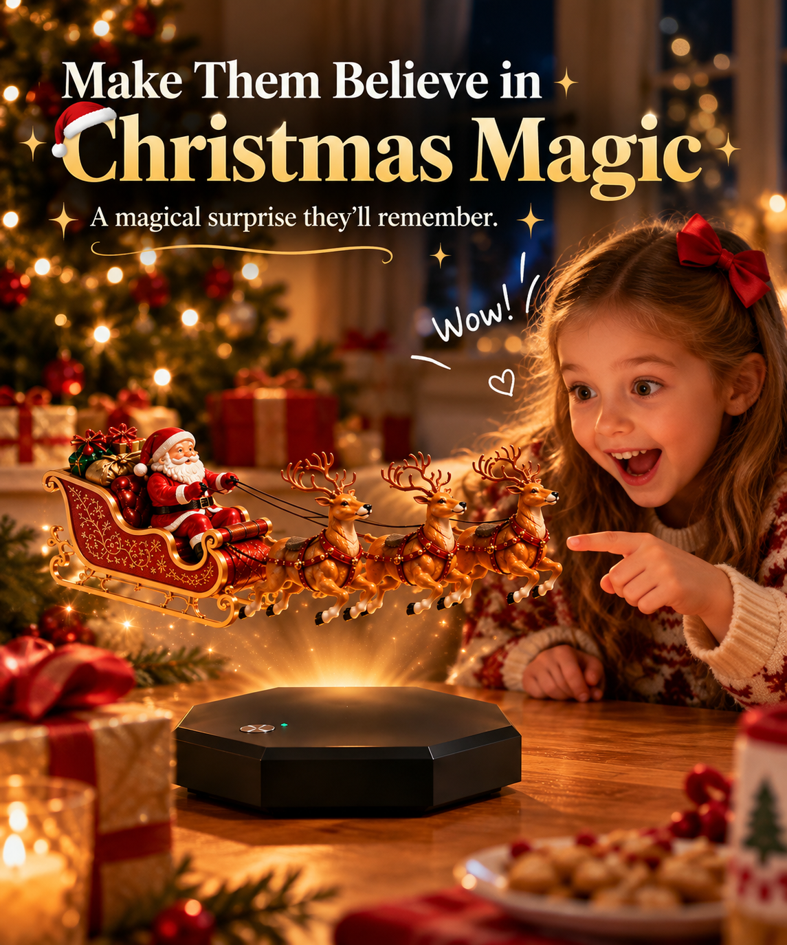 Child enjoying Santa’s flying sleigh Christmas display
