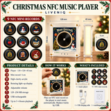 Liveniq Christmas NFC Music Player dimensions, nine NFC mini records, included USB charging cable and usage instructions