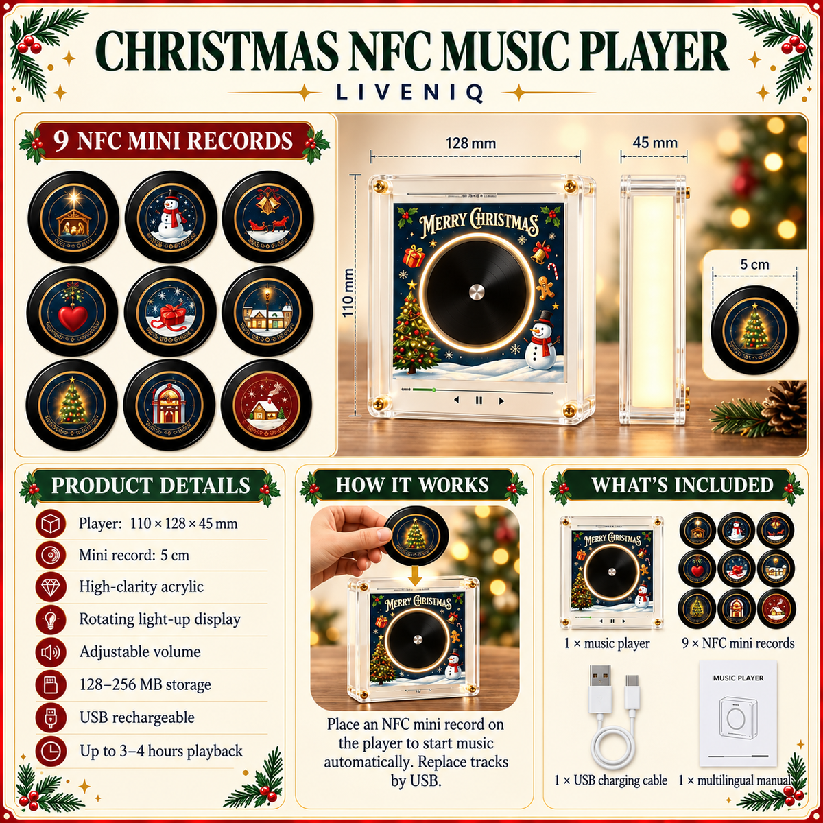 Christmas NFC music player displayed on a refrigerator