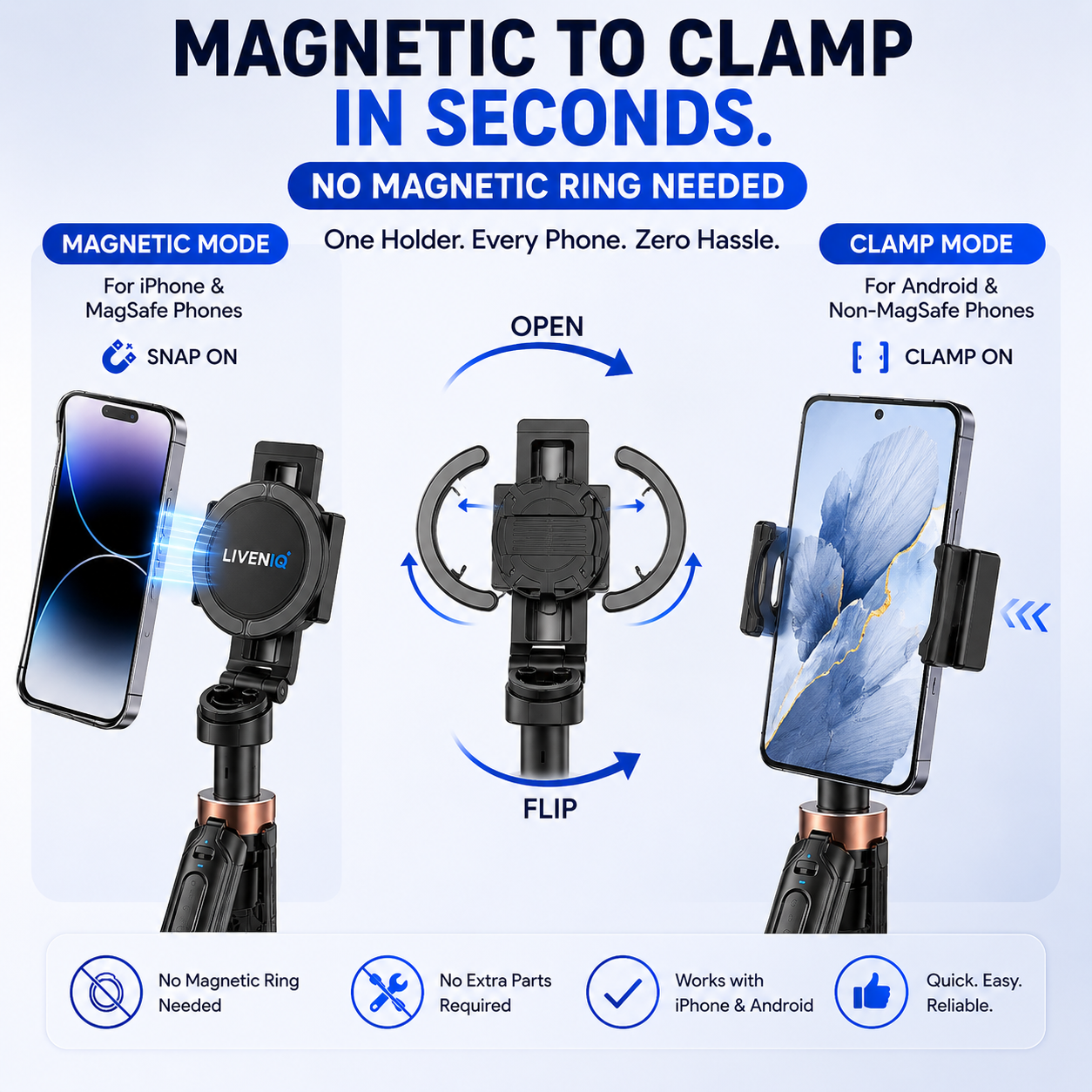 Liveniq magnetic and universal clamp phone mounting modes