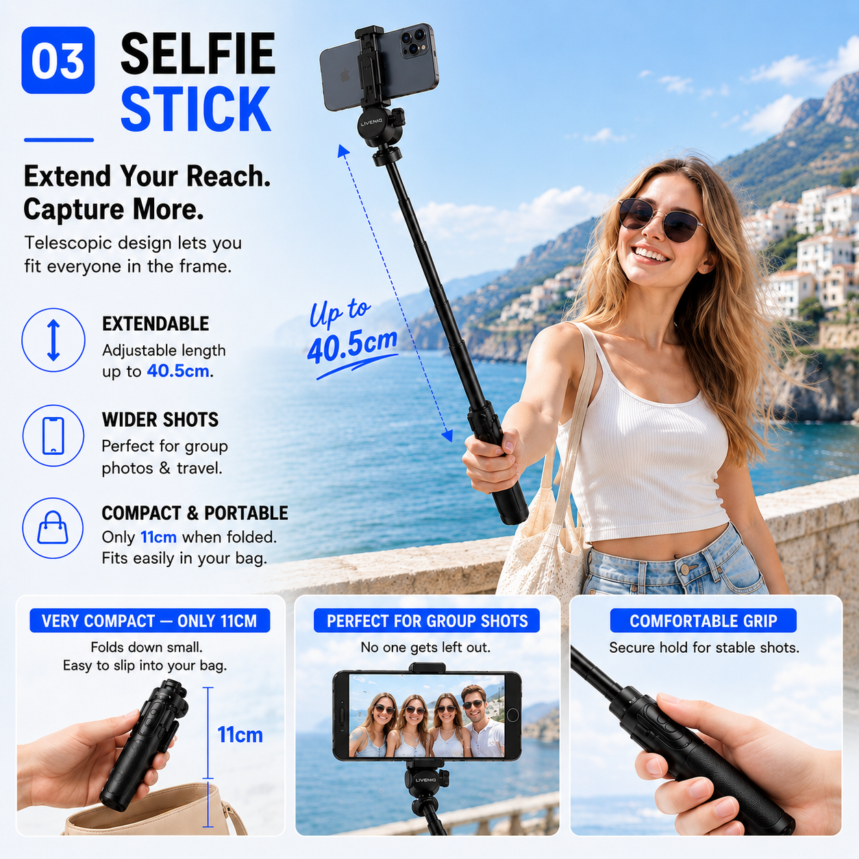 Liveniq selfie stick adjustable from 11 to 40.5 cm
