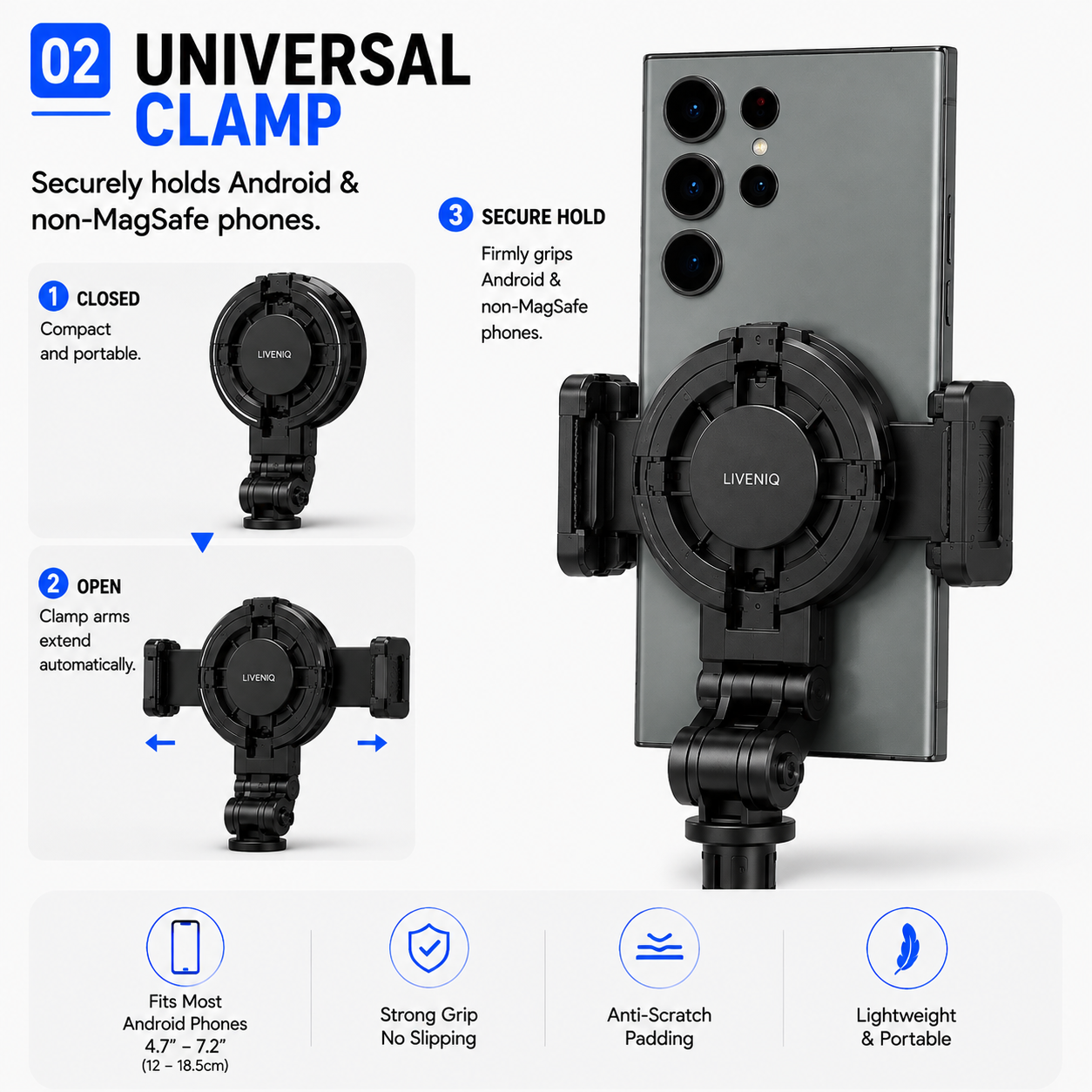 Liveniq universal clamp for Android and non-MagSafe phones