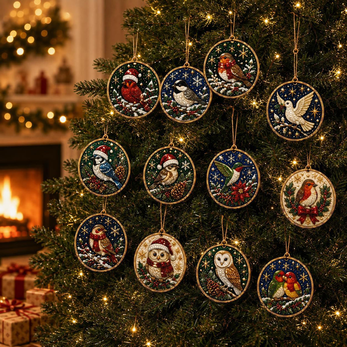 Finished pearl-style Christmas ornaments on a tree