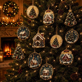 Finished Christmas tree and winter scene ornaments ready to hang
