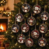 Finished snowman pearl-style ornaments hanging on a Christmas tree