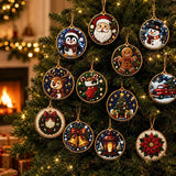 Finished classic Christmas pearl-style ornaments hanging on a tree