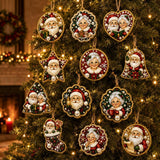 Finished Santa and Mrs Claus pearl-style ornaments hanging on a tree